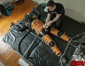 A111_MALEBONDAGE_Edged_Part2of3_SethClaudio_FullBodyTanLeatherBraceAndRubberBackRoom